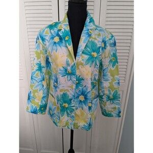 Erin London Jacket Womens sz L Blazer 70s Vibe Blue Yellow Floral/Daisy Open